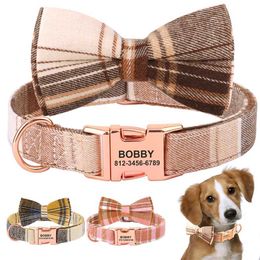 Dog Collars Leashes Personalised Bowknot Collar Nylon Plaid Free Engraving Custom Pet Nameplate Necklace For Small Medium Large Dogs H240522