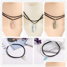 Pendant Necklaces Natural Crystal Chakra Pendum For Women Rose Quartz Opal Hexagonal Stone Leather Choker Chain Statement Necklace D Dhqcq