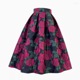 Skirts Vintage Style Elegant High Waist Long Pleated Skirt For Women Red Golden Big Rose Floral Embroidery Spring Summer Outfit 2024