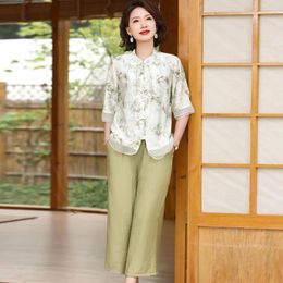 Women's Two Piece Pants Tulle Shirt Set Floral Print Chinese Style Suit Plus Size Stand Collar Patchwork Mesh Top Wide Leg Trousers Retro