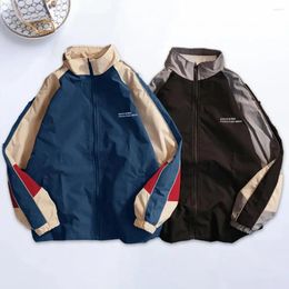Men's Jackets Casual Color Block Jacket Vintage With Zipper Closure Stand Collar Windproof Streetwear Coat For Spring