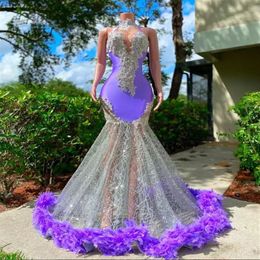 Luxury Purple Feathers Prom Dresses For Black Girls Sexy Halter Neck Mermiad Gowns For Birthday Party Wear Formal Evening Dresses 285w