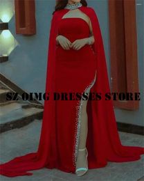 Party Dresses OIMG Design Red Prom Arabic Ruched Women Cape Sleeves A-Line Chiffon Crystals Evening Gowns Formal Dress