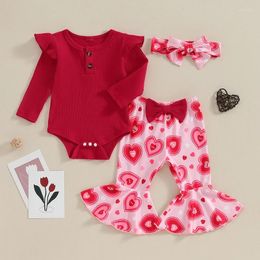 Clothing Sets Baby Girls Fall Outfit Long Sleeve Romper With Heart Print Flare Pants And Headband Valentines Day Clothes