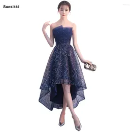 Party Dresses Suosikki Sexy Strapless Sleeveless Short Front Long Back Lace Flower Evening Dress Bride Banquet Formal Gowns Vestidos