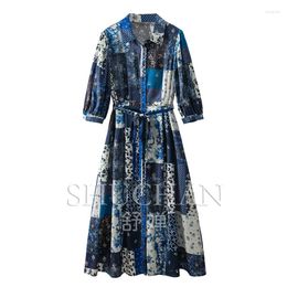 Casual Dresses 2024 Summer Dress Women Patchwork 90% Natural Silk Vestidos Elegantes Para Mujer Belt Birthday For