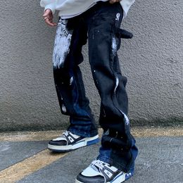 2024 Colour Block Painted Streetwear Drawstring Jeans Men Frayed Side Ribbon Loose Casual Denim Trousers Hip Hop Harajuku Couple Pants