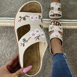 Slippers Women's Wedges Summer Shoes Fashion Flower Print Retro Sandals Women Platform Slides Comfort Flats Zapatillas De Mujer