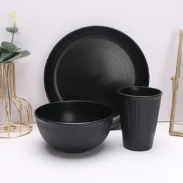 Dinnerware Sets 3pcs/set Vertical Stripes Black Tableware Set Durable Anti-fall Plastic Cutlery Plate/Bowl/Cup Dinner