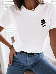 Simple Rose Flower Printing Tops Cotton T-Shirts For Womens Fashion Casual Soft Short Sleeve Loose Tees Comfortable Clothes 240522