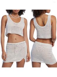 Women S Beach Cover Up Set Sleeveless Scoop Neckline Crochet Hollow Out Crop Tank Tops Slit Skirt Beachwear