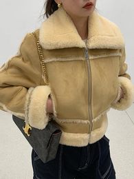 Women's Jackets Lamb Fur Woman Coat Winter Warm Brown Big Lapel Zipper Pockets Biker Short Jacket Female Fashion Outwear
