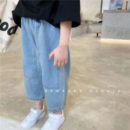 Girls' Jeans Autumn 2021 New Children's Pure Color Simple Casual Korean Loose Cotton Denim Ankle-length Girls Pants L2405