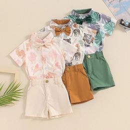Clothing Sets 2024-03-06 Lioraitiin 6M-4Y Summer Baby Kids Boys Shorts Set Short Sleeve Leaves Deer Tiger Print Shirt With Outfit