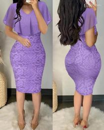 Casual Dresses Elegant For Women 2024 Autumn Fashion Short Sleeve V-Neck Cape Ruffles Lace Patch Bodycon Dress