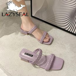 Slippers LazySeal Square Heel Slides Shoes For Women Purple Mule Summer Beach Cross-tied Bohemian Female Dress