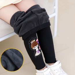 New Winter Pants Cartoon Pattern Kids Thicken Girls Skinny Leggings With Fleece Warm Elastic Waist Trousers L2405