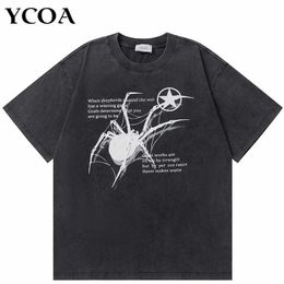 Men's T-Shirts Mens T-shirt street clothing hip-hop oversized Y2k washed black spider graphic Harajuku Gothic vintage cotton top loose fitting T-shirt Q240521