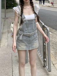 Casual Dresses Women's Adjustable Strap Denim Overall Dress Classic Mini Jean Pocket Sleeveless Suspender Short Skirt