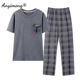 Summer Knitted Cotton Pyjamas Set for Men Fashion Man Short Sleeve Plaid Pants Sleepwear Plus Size 4XL Pijamas for Boy 240522