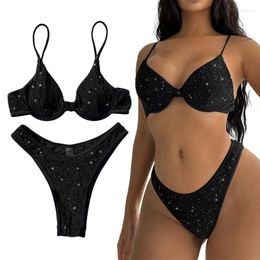 Women's Swimwear Women Sparkling Sequins Wire Bikinis Top And Low Waist Bottom Two Pieces Bathing Suit Set