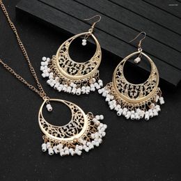 Necklace Earrings Set Boho Gold Colour Water Drop Carved Flower Dangle For Women Jewellery Retro Tassel Wedding
