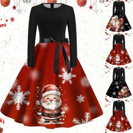 Casual Dresses Robe Pin Up Vintage Femme 2024 Christmas Women Long Sleeve Santa Claus Tree Print Winter Holidays Party Rockabilly Dress