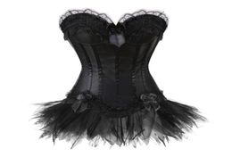 women039s sexy black overbust corset and dress satin bustier with LACE mini skirt waist cincher lingerie S2XL4809704
