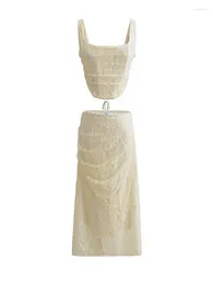 Work Dresses Women Sexy Beige Lace Tank Top And Midi Skirt Matching Sets Summer Elegant Drawstring 2 Pcs Set