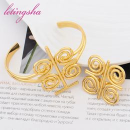 Luxury Cuff Bangle Bracelet Adjustable Ring Set African Gold Color Jewelry Set for Women Fashion Bride Wedding Party Jewellery 240522