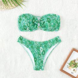 Women's Swimwear Green Print Swimsuit Women 2024 Two Piece Bikini Strapless Bandeau Monokini Sexy Backless Bathing Suit Summer Beach