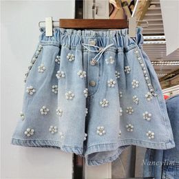 Women's Jeans 2024 Summer European Street Fashion Exquisite Rhinestone Full Body Beaded High Waist Slimming Wide-Leg Denim Shorts Women