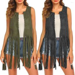 Women's Vests Women Long Tassels Suede Vest Open Front O Neck Waistcoat Solid Color Hollow Hole Fringed Streetwear