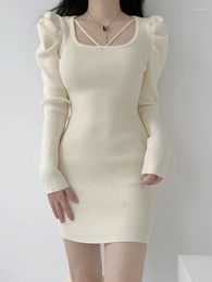 Casual Dresses Sexy Knitted Bodycon Short For Women Elegant Sweater Dress Autumn Winter Fashion Puff Long Sleeve Slim Party
