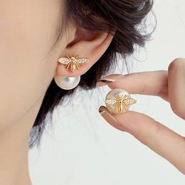 Dangle Earrings Fashion Trends Insect Little Bee Pearl Advanced Sense Light Luxury Electroplated Brick Inlay Piercing Women's