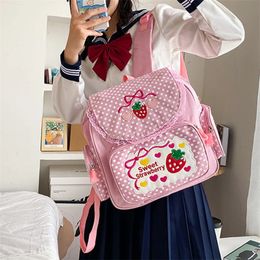 Kawaii Kids School Bag Cute Strawberry Embroidery Student Mochila Dots Multi-Pocket Nylon Fashion College for Teenager Girl 240520