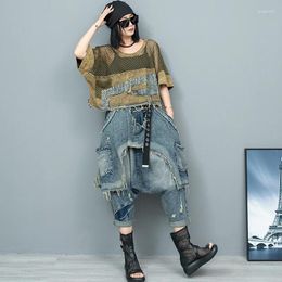 Women's Pants Oversized Punk Design Clothes Set Women Mesh Spliced Hollow Out T-Shirt&2 In 1 Denim Cross-pants Novelty Street Wear Kit