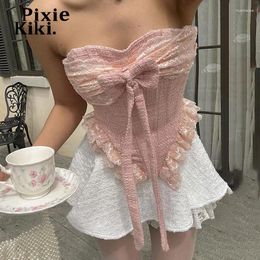 Women's Tanks PixieKiki Pink Lace Trim Bow Busiter Girly Y2k Cute Summer Tops Women Clothes Coquette Accessories Sexy Tube Top P94-DE18