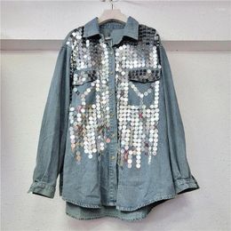 Women's Blouses Chic Sequins Denim Blouse Spring Loose Jeans Beading Single Breasted Cowboy Cardigan Crop Tops Blusas Mujer 2024