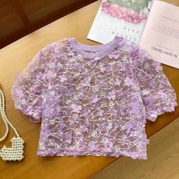 Women's Blouses Elegant Mesh Lace Puff Sleeve Three-dimensional Flower Sheer Blouse Chic Korean Fashion Top Women Slim Summer Shirts