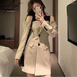 Casual Dresses Tannt Women Dress Long Sleeves Hollow Out Color Matching Jacket Blazer Off Shoulders Vintage Sexy 2024