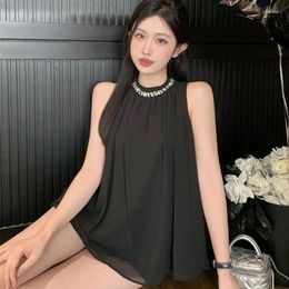 Women's Blouses Summer Halter Neck Chiffon Blouse Korean Fashion Black Shirt Loose Solid Color Sleeveless Beaded Women Tops