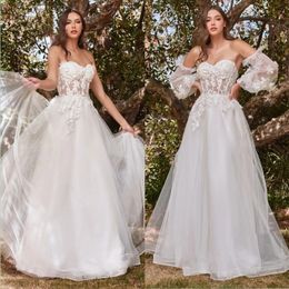 Floor Tulle Romantic Length A Line Wedding Dresses 3D Floral Lace Appliques Sweetheart Corset Long Bridal Gowns with Detachable Sleeves ppliques
