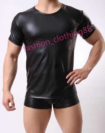 Sexy Mens Black leather PU Tight Muscle Short Sleeve Tanktop T Shirt Top Tee Gym Clubwear Crew Neck