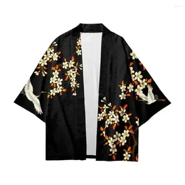 Men's Casual Shirts Printed Men Top Japanese Style Bird Print Kimono Cardigan Traditional Loose-fit Mid-length Daily Coat Loose Fit