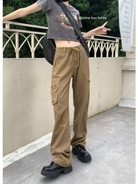 Women's Jeans Y2k Brown Baggy Stacked Pants Overalls For Women Denim Woman Grunge Vintage Low Rise Drawstring With Pocket