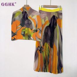 Work Dresses GGHK Pleated Western Printed Standing Collar Long Sleeve Top Loose Casual Half-Body Skirt 2024 Women's Two-Piece Set