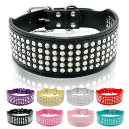 Dog Collars Leashes Rhinestone Leather Bling Diamante Crystal Studded Dogs Pet 2inch Wide for Medium Large Pitbull Boxer H240522