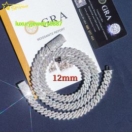 Hip Hop Jewellery Pass Diamond Tester in Stock Iced Out Two Row Stone 12mm Vvs Moissanite Cuban Link Chain Necklace