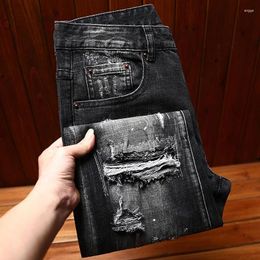 Men's Jeans Street Motorcycle Jeans2024 Slim Fit Feet Stretch Hole & Patch Personalised Washed All-Matching Long Pants